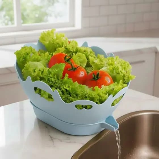 Saladeira com Bica e Escorredor 2 em 1 | Cesta para Lavar Salada e Frutas