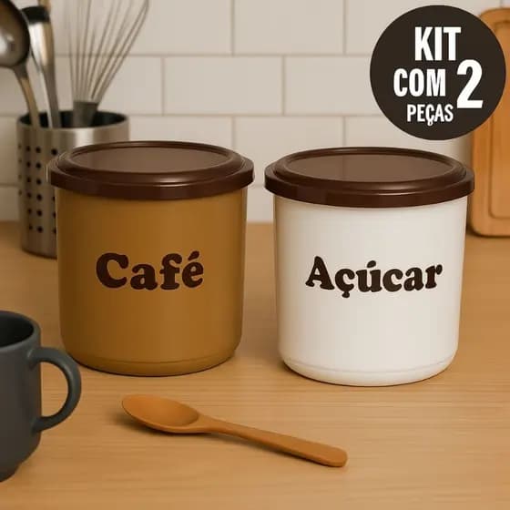 Conjunto Porta Mantimentos Café e Açúcar 2 Potes Redondos 2 Litros
