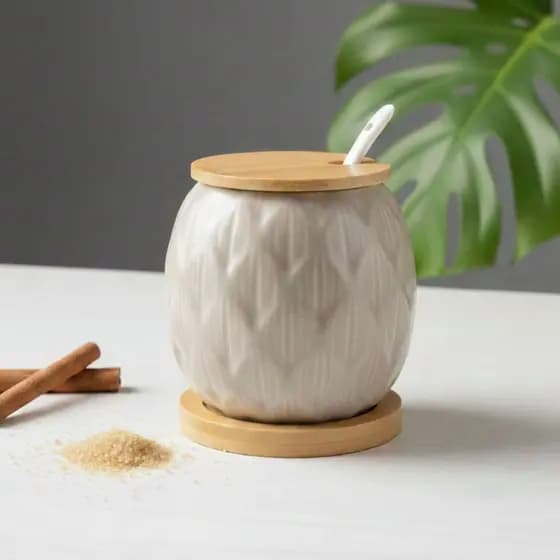 Açucareiro de Cerâmica com Tampa de Bambu com Colher 350ml Havana Major
