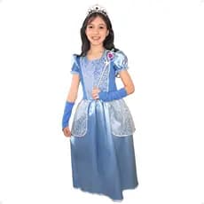 Fantasia Infantil Menina Vestido Longo Azul Princesa Cinderela Delicado Luxo com Acessórios Festa