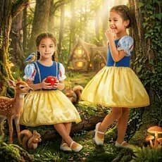 Vestido Princesa Fantasia Branca de Neve Curto Roupa Infantil Feminino de Cetim Luxo