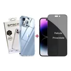 Kit Capinha Space transparente + Película Privacidade Para iPhone 17 11 12 13 14 15 16 Pro ProMax Plus XR 7 8 x xs Air