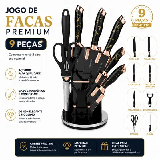 Kit Facas Inox Profissional 9 Peças Suporte Giratório Jogo de FacaTesoura Cozinha Gourmet