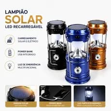 Lampião Solar LED Recarregável Camping Lanterna USB Luz Emergência Power Bank Portátil