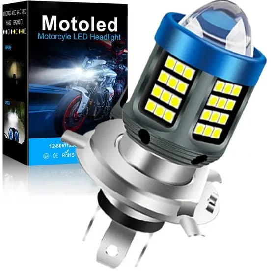 1 Pc Lâmpada Farol Led Moto H4 Projetor 360º 6000k Motocicleta