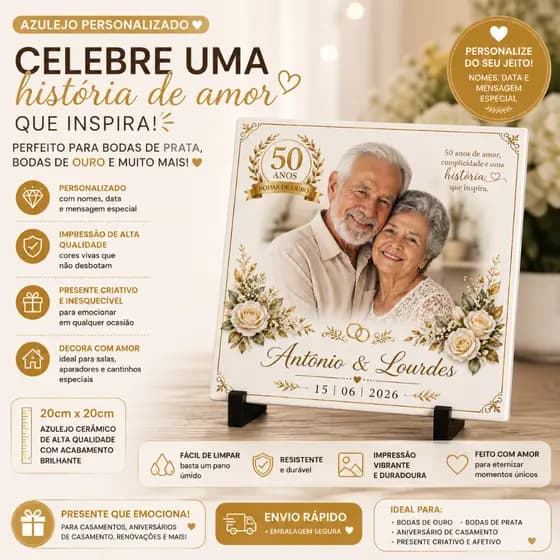 AZULEJO PERSONALIZADO CASAMENTO | BODAS DE PRATA | BODAS DE OURO | PRESENTE CRIATIVO