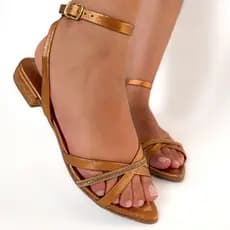 Sandália Bico Fino Bronze com Strass Sandália Feminina Salto Baixo Elegante Rasteirinha Copa Bandeirinha Brasil S11