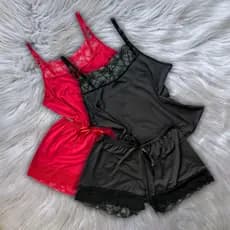 Kit 2 Conjunto Feminino Short Doll Baby Doll Sensual Em Renda e Microfibra