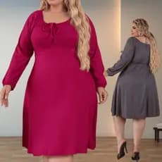 Vestido Plus Size Midi Canelado Versátil Manga Longa ou 3/4 Evasê Confortável Elegante Para Dia A Dia Casual Lazer