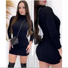 Vestido manga longa curto tubinho gola alta malha canelado