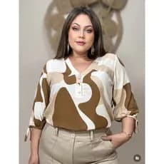 Camisa Feminina Plus Size Viscolinho Manga 3/4 com Amarração Botões Forrados Elegante Casual