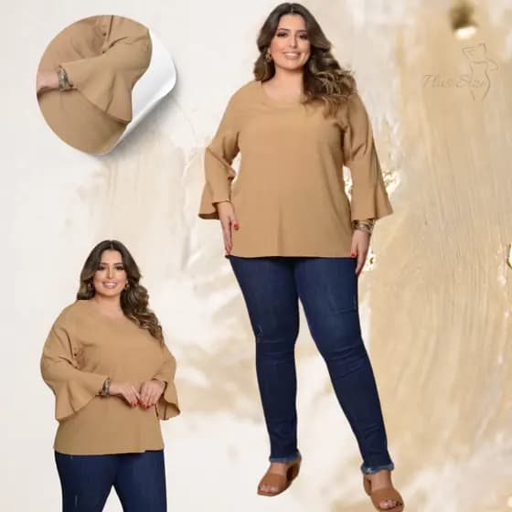 Plus Size Blusa Feminina Social Decote em V Manga ¾ com Punho Babado em Viscolinho Casual