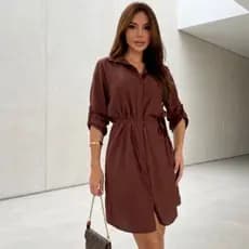 Chemise Feminina Vestido Camisão Casual Curto Liso com Botões em Viscolinho Manga Ajustável Elegante