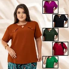 Blusa Blusinha Feminina Manga Curta Gola Redonda com Detalhe Argola Social Elegante em Duna
