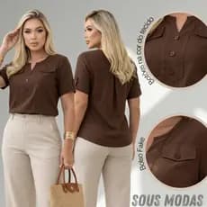 Blusa Feminina Elegante Manga Curta Botões Moda Social Casual Confortavel