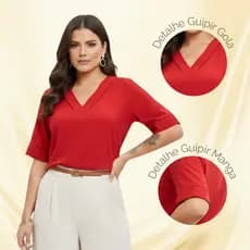 Blusa Alfaiataria Feminina Manga Curta Gola V com Guipir – Versátil, Elegante e Confortável