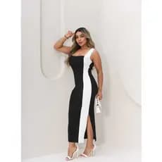 VESTIDO BICOLOR LONGO ANARRUGA COM FENDAS LATERALES