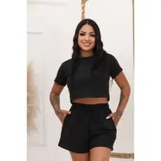 CONJUNTO de MOLETINHO SENDO SHORT COM BOLSO LATERAL E O CROPPED CON MANGA CURTA MODA FEMENINA