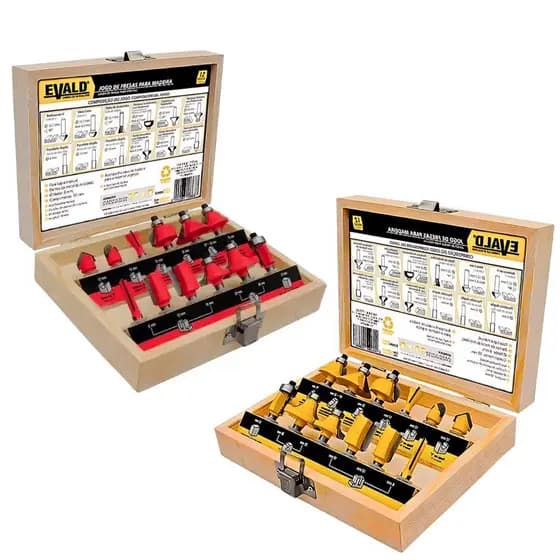 Jogo Fresas Tupia para Madeira Kit 12 Peças Haste 6 MM EVJF-12 EVALD