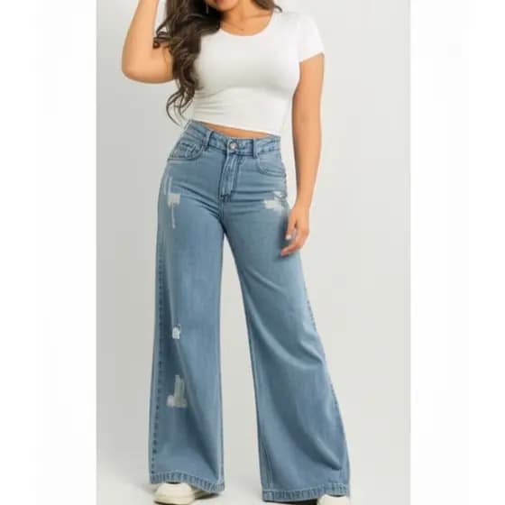 Calça Jeans Feminina Wide Leg Clara Básica Confortável Cintura Alta para Meninas Infantil Juvenil 10-16