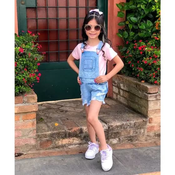 Macacão Menina Short Jeans Denim Moda Adolescente Lançamento de Verão 04-16