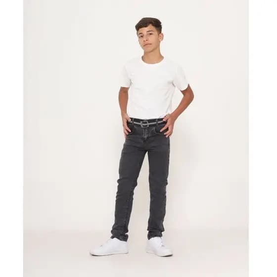 Calça Jeans Skinny para Meninos Color Grafite Básica Com Cinto e Bolsos Masculina Festas 10-16