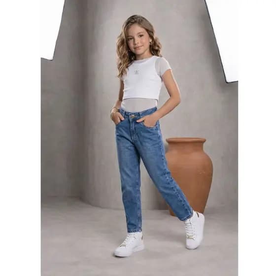 Calça Jeans Mom Feminina Infantil Juvenil para Meninas Adolescente Denim Estilosa Premium Algodão Festas 04 ao 16