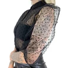 Blusa Feminina de Tule Manga Bufante Princesa 3/4 em Renda Poá Retro com Bolinhas Transparente ACG