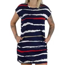 Vestido Soltinho Listrado Curto Com Bolso Feminino Manga Curta Leve Verão ACG