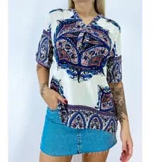 Camisa Feminina Manga 3/4 Estampada Retro Bluza indiana Gola V ACG
