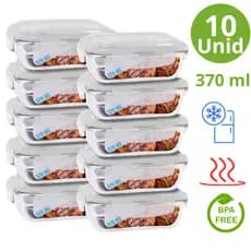 KIT 10 POTE HERMETICO VIDRO MARMITA ALIMENTO ANTI-VAZAMENTO 370ML PREMIUM