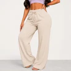 Calça Feminina Wide Leg Pantalona Alfaiataria Social Cintura Alta Casual Elegante com Bolso Tecido Duna Baggy Farm