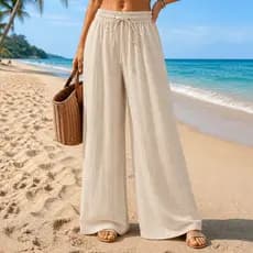 Calça Pantalona Feminina Fashion Perna Larga Cintura Alta Elástica Tecido Respirável Sem Rugas Casual Luxo Baggy Farm