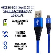 Cabo Carregador Turbo 1 Metro 2 Metros Reforçado V8 Tipo C com Adaptador Iphone
