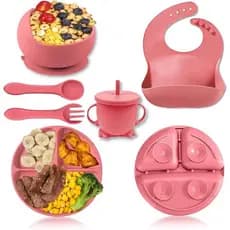 Kit Silicone Bebê Infantil Com Ventosa Canudo Colher Babador Garfo Introdução Alimentar
