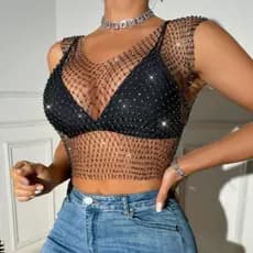 Blusa Tela Com Stress Pedraria Cropped Arrastao Carnaval