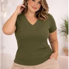 Blusa Feminina Plus Size Canelada Gola V Manga Curta Malha Premium do GG ao G3