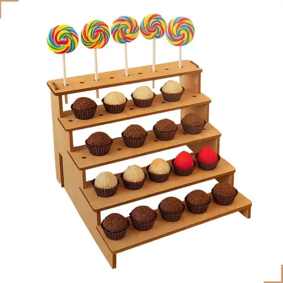 Piruliteiro Porta Doces Brigadeiro Pirulito Bala Escadinha Decoração Kit Festa 21x16cm Mdf Cru