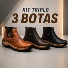 Kit 3 Pares Bota Masculina CAT | Couro Natural, Sola Emborrachada Antiderrapante | Confortável e Resistente.