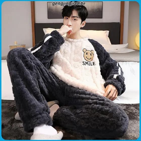 [Osee] Pijama dos homens Coral Fleece Outono e Inverno Fleece-forrado Espessamento dos homens Inverno Térmica Flanela H