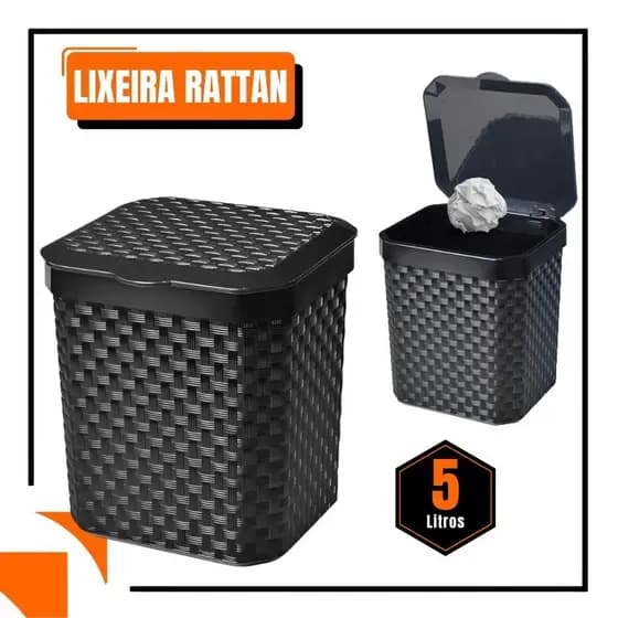 Lixeira Cesto Rattan 5 Litros Preta Com Tampa Cozinha Banheiro Lixeira Pia Muliuso