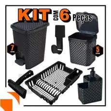 Kit Lixeira 7 Litros + Lixeira 5 Litros + Porta Detergente + Rodinho + Gancho Multiuso + Escorredor
