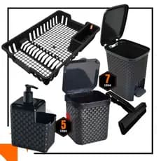 Kit Cozinha Lixeira 7 Litros + Lixeira 5 Litros + Porta Dergentente + Rodo + Escorredor 5/4/3 peças