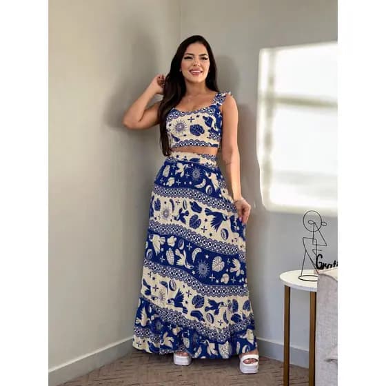 Conjunto Cropped e Saia Floral Cropd De Alcinha Babado Com Bojo Tendencia Moda Feminina Verao