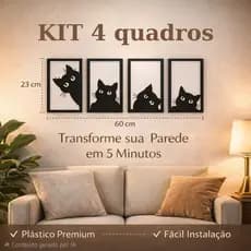 Kit 4 Quadros Gatos decorativo vazado–minimalista, sala, quarto, amantes de gatos fácil instalação
