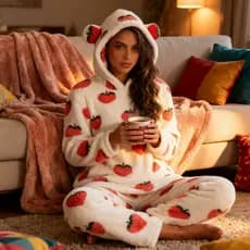Conjunto Pijama Feminino Inverno Soft Peluciado Capuz Orelha Urso Estampado Quentinho Macio
