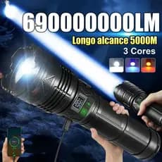 Lanterna LED 69000000LM Super Potente 15000W Recarregável Tipo-C Zoom Telescópico Prova d’Água Alta Resistência Camping