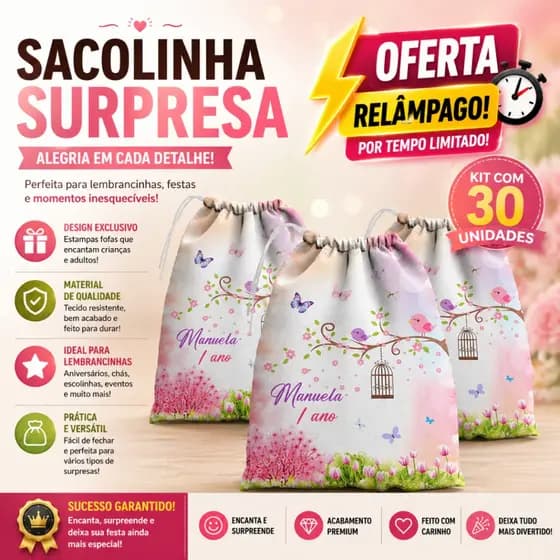 Kit 30 Sacolinhas Surpresas Personalizadas 15x20 Festa Aniversário Vários Temas