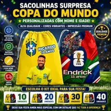 Kit 10, 20, 30 e 40 Sacolinhas Surpresa Copa do Mundo 2026 | Nome + Idade | Alta Qualidade