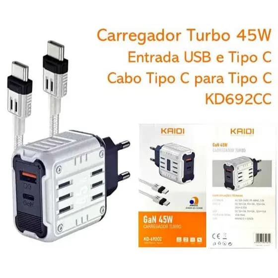 Lançamento Carregador de Tomada Fonte Turbo ORIGINAL KAIDI KD-692CC 45W Tipo-C e USB com cabo Tipo C para Tipo C
